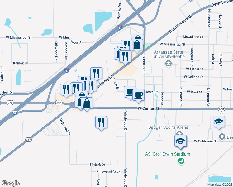 map of restaurants, bars, coffee shops, grocery stores, and more near 207 Orion Street in Beebe
