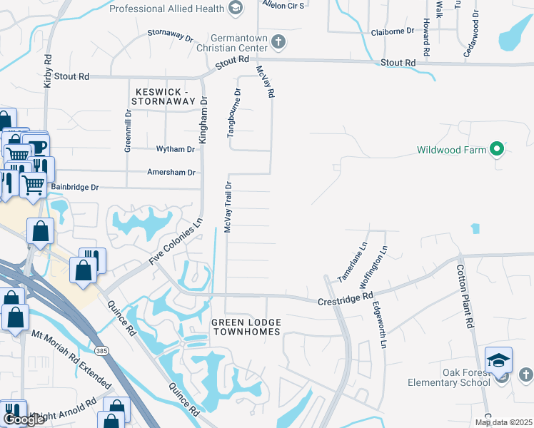 map of restaurants, bars, coffee shops, grocery stores, and more near 7027 Baintree Cove in Memphis