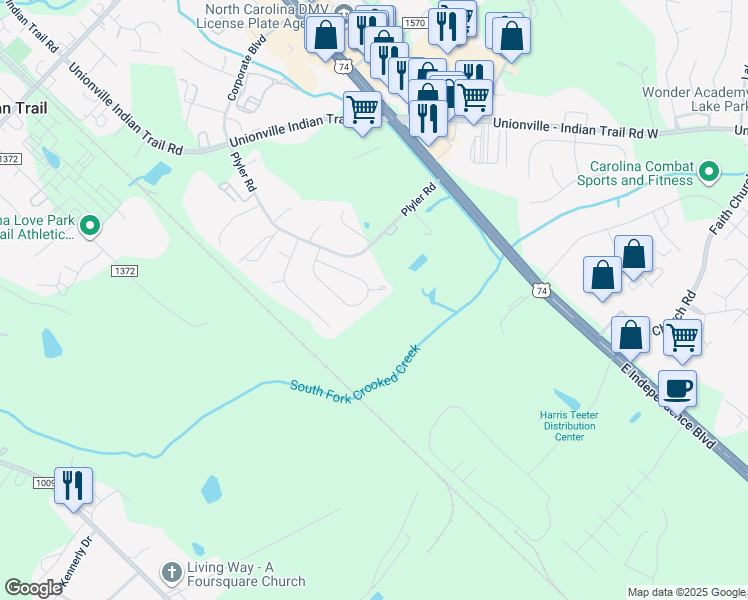 map of restaurants, bars, coffee shops, grocery stores, and more near 1035 Ridgefield Drive in Indian Trail