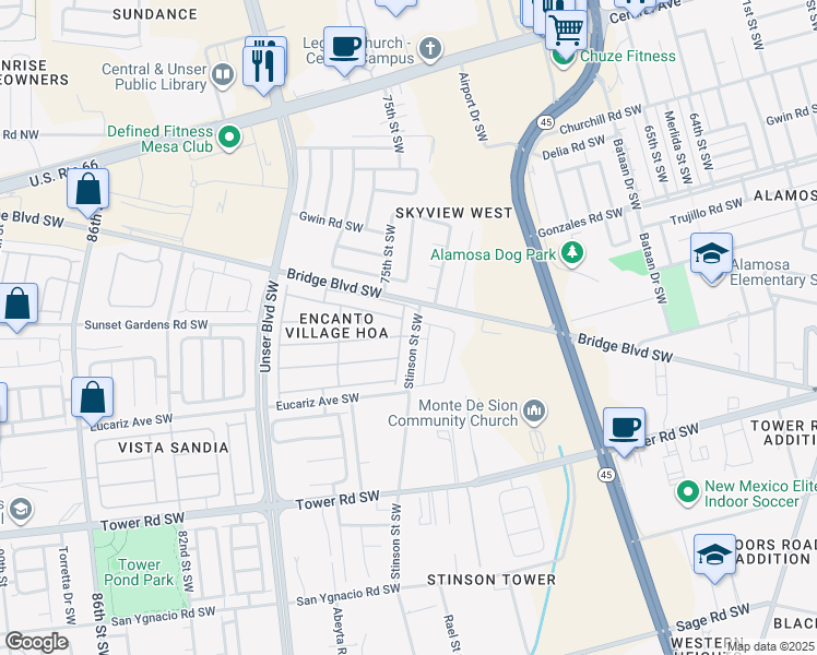 map of restaurants, bars, coffee shops, grocery stores, and more near 516 Vía Canale Southwest in Albuquerque