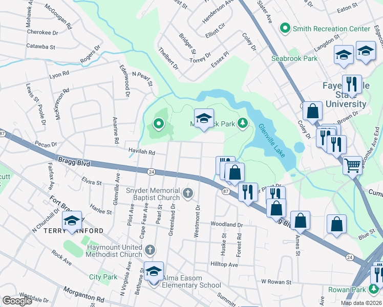map of restaurants, bars, coffee shops, grocery stores, and more near 1516 Ashford Avenue in Fayetteville