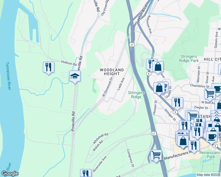 map of restaurants, bars, coffee shops, grocery stores, and more near 1064 East Elmwood Drive in Chattanooga