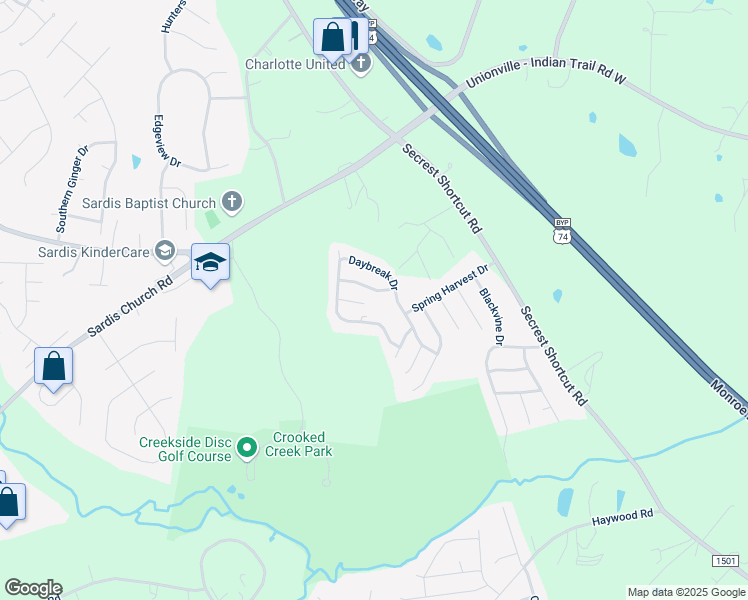 map of restaurants, bars, coffee shops, grocery stores, and more near 3601 Stoney Creek Drive in Monroe