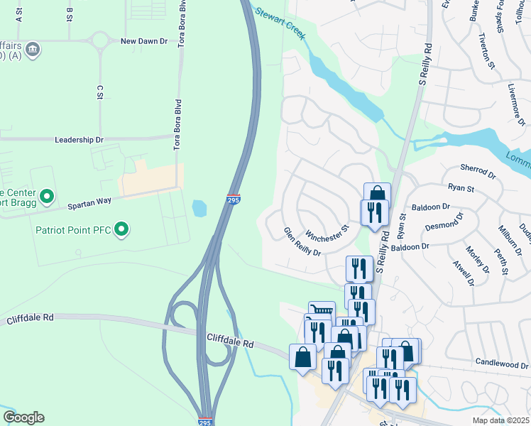 map of restaurants, bars, coffee shops, grocery stores, and more near 6912 Callahan Circle in Fayetteville