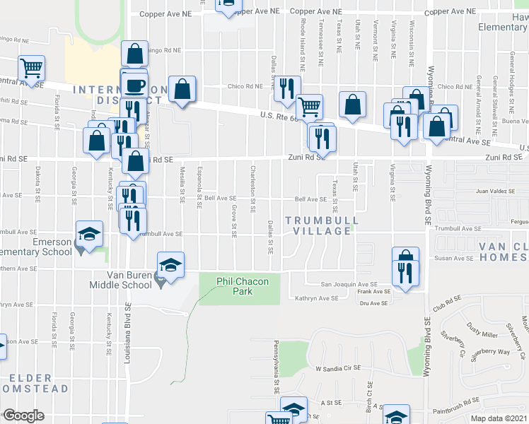 map of restaurants, bars, coffee shops, grocery stores, and more near 419 Pennsylvania Street Southeast in Albuquerque