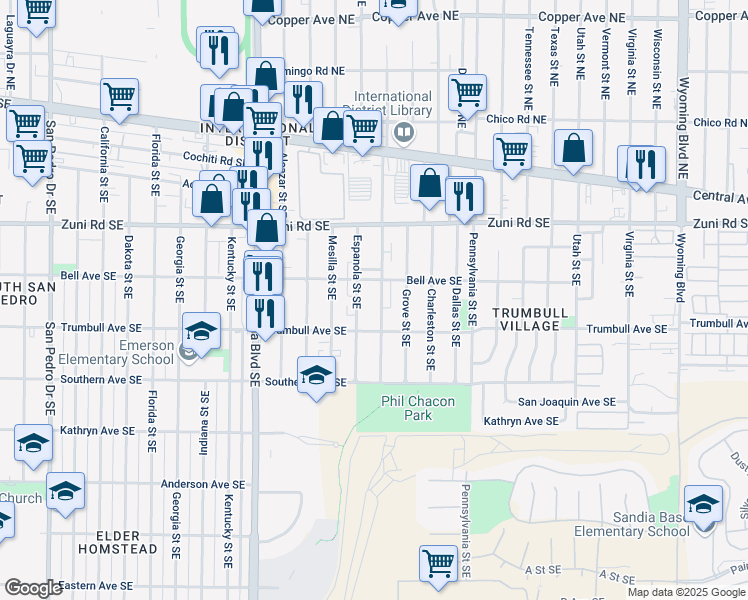 map of restaurants, bars, coffee shops, grocery stores, and more near 512 San Pablo Street Southeast in Albuquerque
