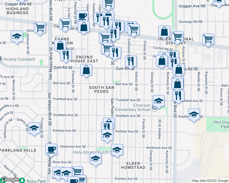 map of restaurants, bars, coffee shops, grocery stores, and more near 521 Arizona Street Southeast in Albuquerque