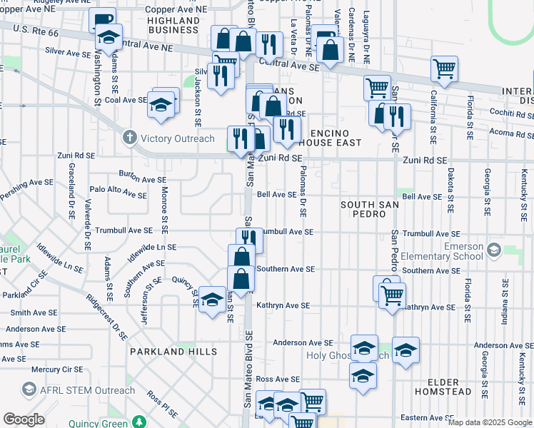 map of restaurants, bars, coffee shops, grocery stores, and more near 621 Ortiz Drive Southeast in Albuquerque