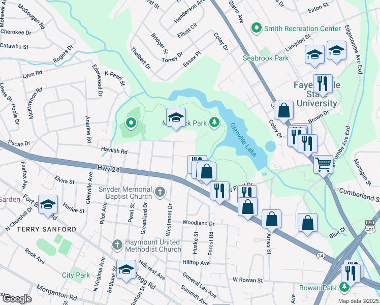 map of restaurants, bars, coffee shops, grocery stores, and more near 1400 Briarcliff Drive in Fayetteville
