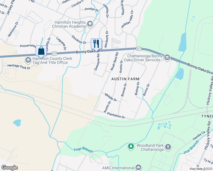 map of restaurants, bars, coffee shops, grocery stores, and more near 7604 Noah Reid Road in Chattanooga