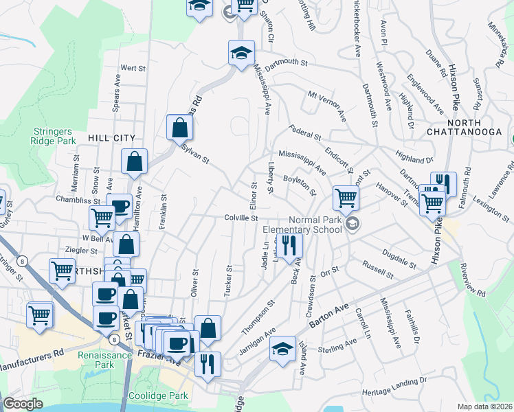 map of restaurants, bars, coffee shops, grocery stores, and more near 706 Elinor Street in Chattanooga