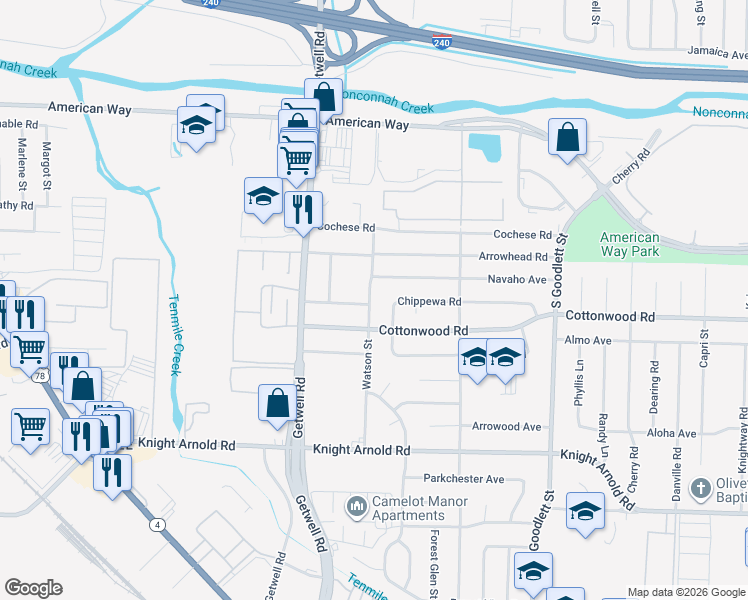 map of restaurants, bars, coffee shops, grocery stores, and more near 4020 Chippewa Road in Memphis