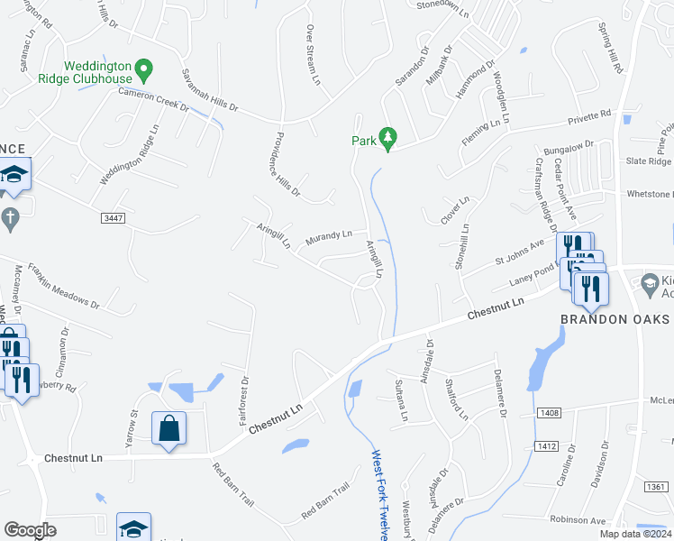 map of restaurants, bars, coffee shops, grocery stores, and more near 1614 Aringill Lane in Matthews