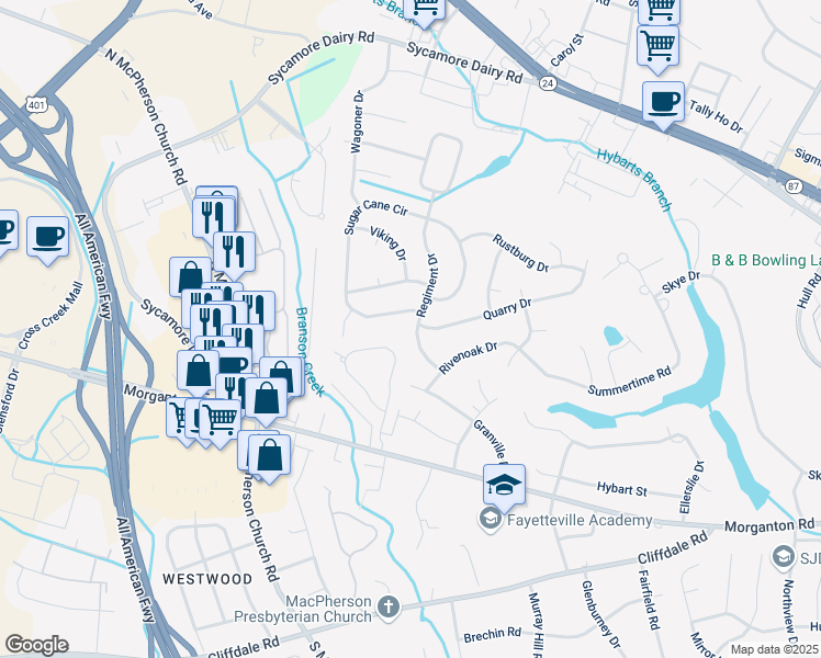 map of restaurants, bars, coffee shops, grocery stores, and more near 3421 Regiment Drive in Fayetteville