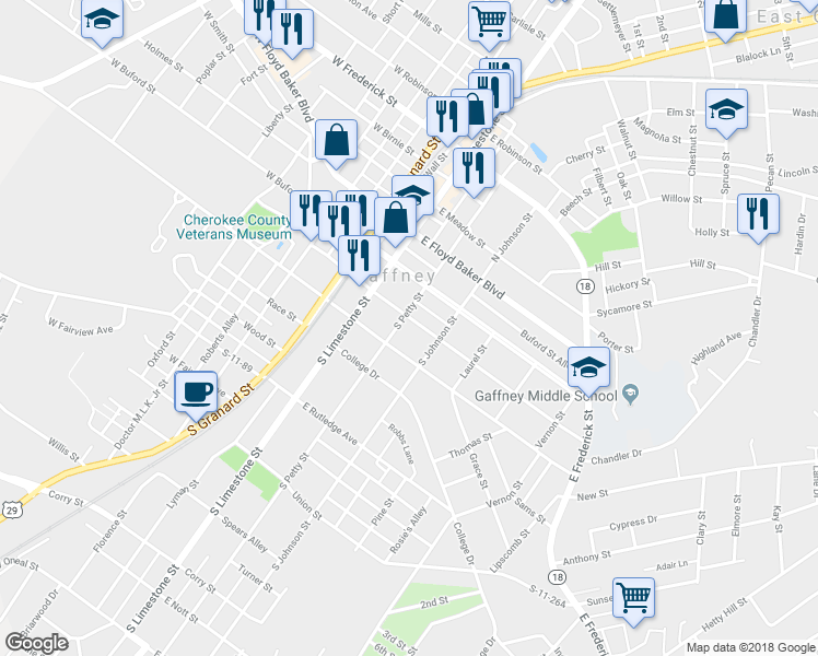 map of restaurants, bars, coffee shops, grocery stores, and more near 205 South Petty Street in Gaffney