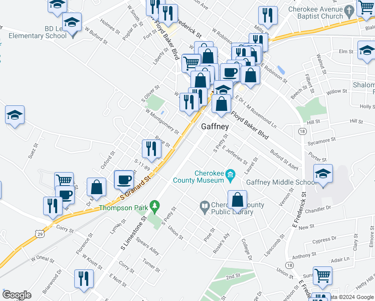 map of restaurants, bars, coffee shops, grocery stores, and more near 318 South Limestone Street in Gaffney