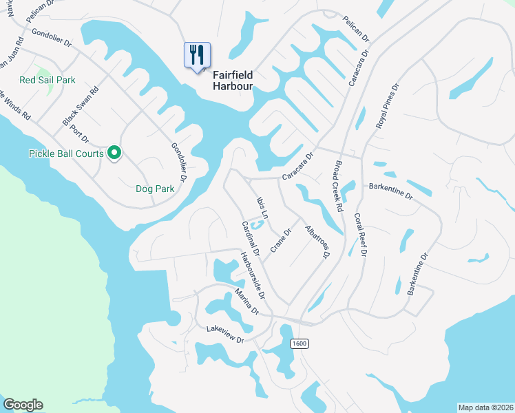 map of restaurants, bars, coffee shops, grocery stores, and more near 6114 Ibis Lane in New Bern