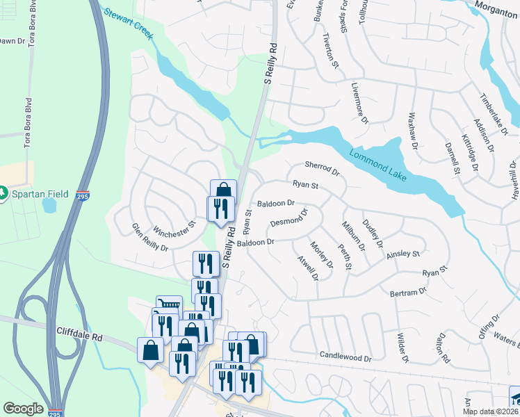 map of restaurants, bars, coffee shops, grocery stores, and more near 6506 Baldoon Drive in Fayetteville