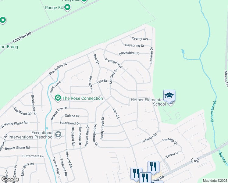 map of restaurants, bars, coffee shops, grocery stores, and more near 6932 Calamar Drive in Fayetteville
