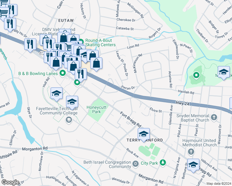 map of restaurants, bars, coffee shops, grocery stores, and more near 2601 Pecan Drive in Fayetteville