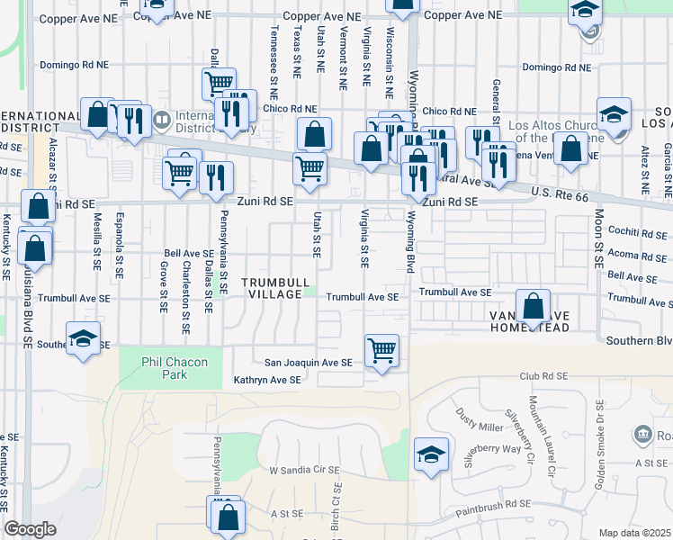 map of restaurants, bars, coffee shops, grocery stores, and more near 432 Bell Park Circle Southeast in Albuquerque