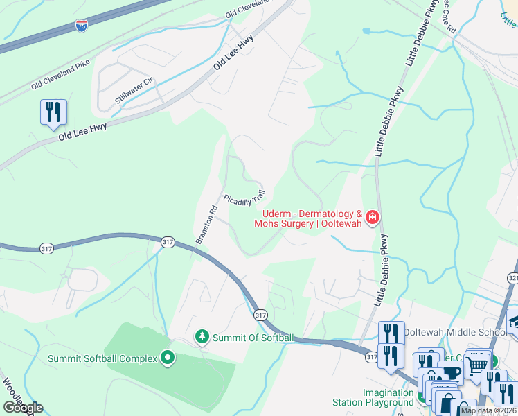 map of restaurants, bars, coffee shops, grocery stores, and more near 8812 Picadilly Trail in Ooltewah