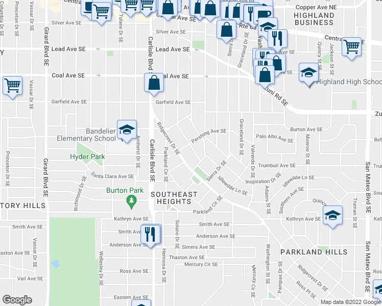 map of restaurants, bars, coffee shops, grocery stores, and more near 709 Solano Drive Southeast in Albuquerque