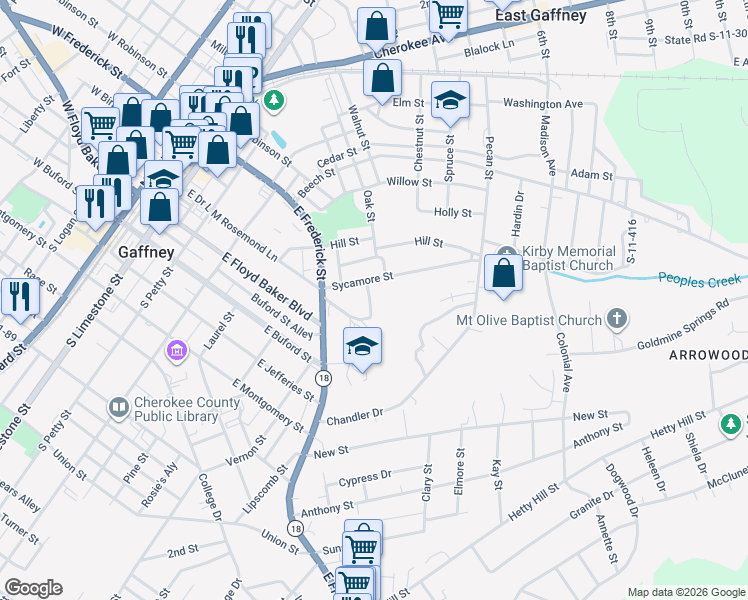 map of restaurants, bars, coffee shops, grocery stores, and more near 114 Flint Street in Gaffney