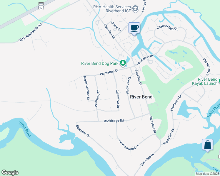 map of restaurants, bars, coffee shops, grocery stores, and more near 111 Knollwood Court in New Bern