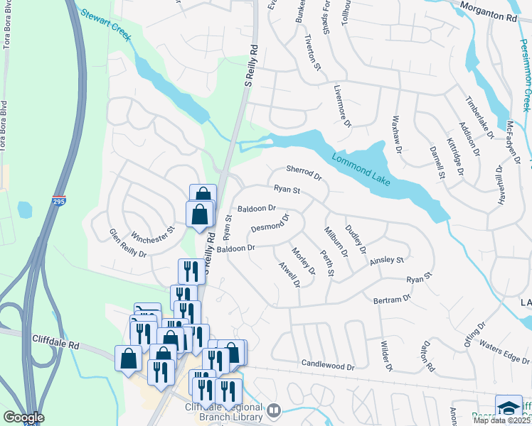 map of restaurants, bars, coffee shops, grocery stores, and more near 6530 Baldoon Dr in Fayetteville