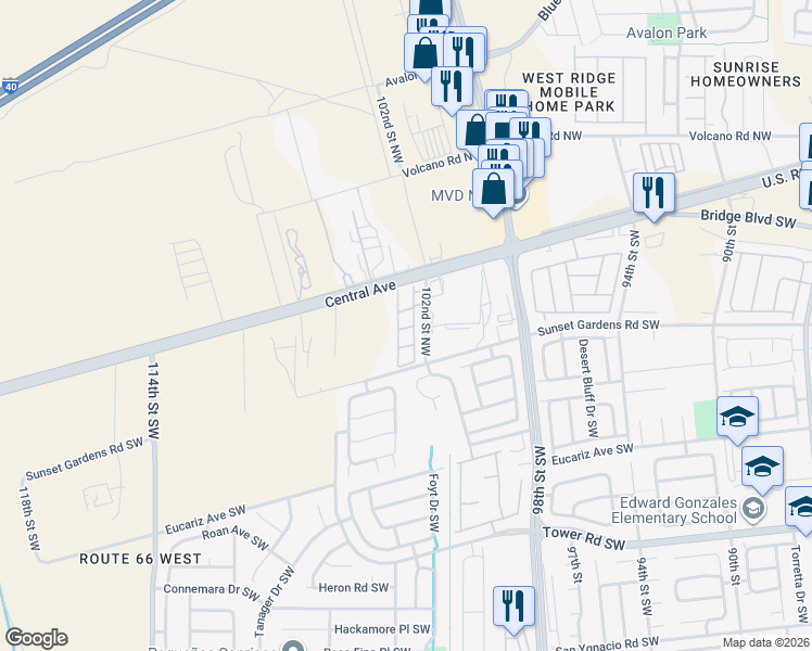 map of restaurants, bars, coffee shops, grocery stores, and more near 10200 Central Avenue Northwest in Albuquerque
