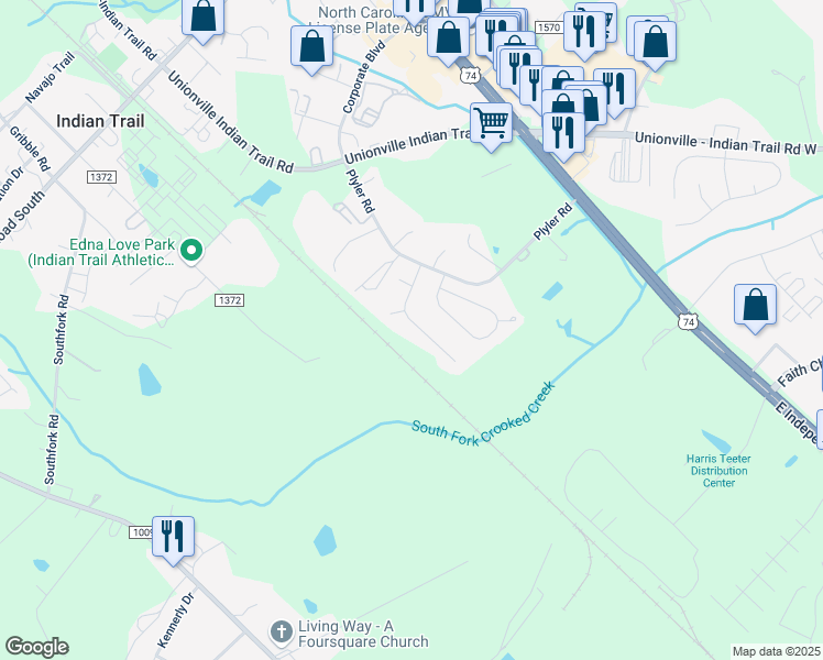 map of restaurants, bars, coffee shops, grocery stores, and more near 1023 Cranston Crossing Place in Indian Trail