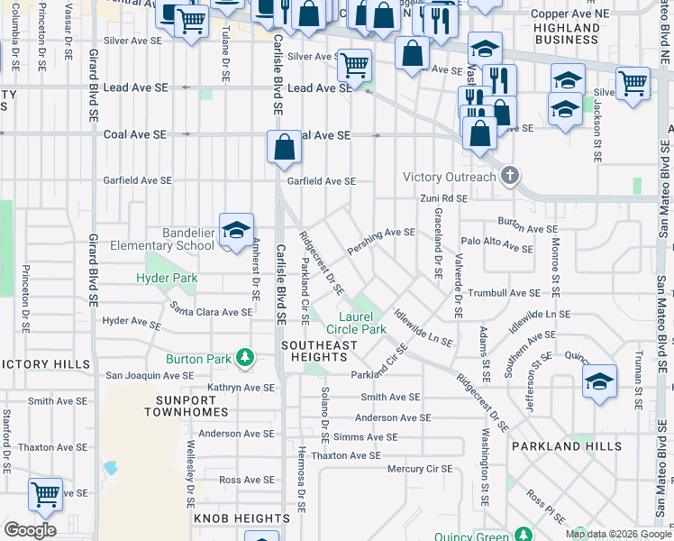 map of restaurants, bars, coffee shops, grocery stores, and more near 702 Ridgecrest Drive Southeast in Albuquerque