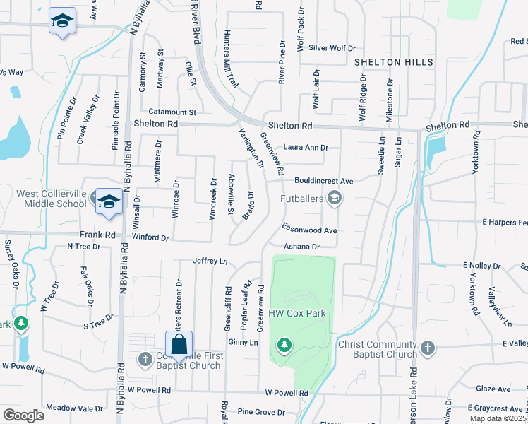 map of restaurants, bars, coffee shops, grocery stores, and more near 1119 Verlington Drive in Collierville
