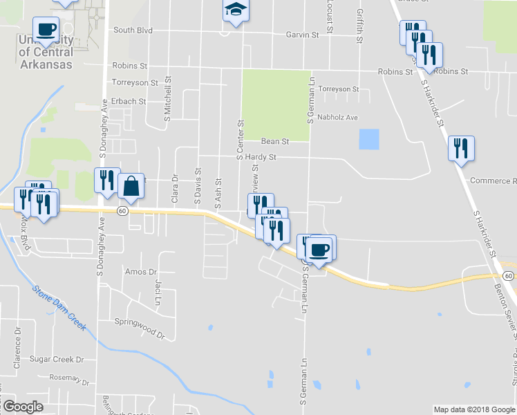 map of restaurants, bars, coffee shops, grocery stores, and more near 728 Fairview Street in Conway