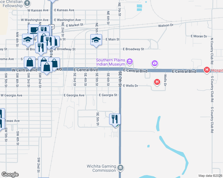 map of restaurants, bars, coffee shops, grocery stores, and more near 604 East Virginia Avenue in Anadarko