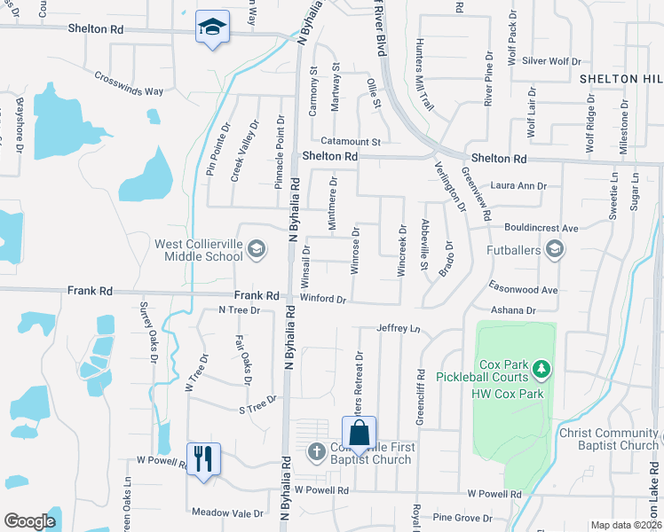 map of restaurants, bars, coffee shops, grocery stores, and more near 647 Winlawn Drive in Collierville