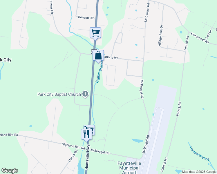 map of restaurants, bars, coffee shops, grocery stores, and more near 36 Plada Heights Drive in Fayetteville