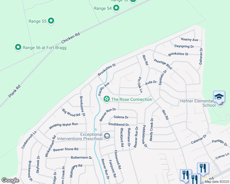 map of restaurants, bars, coffee shops, grocery stores, and more near 6866 Pin Oak Lane in Fayetteville