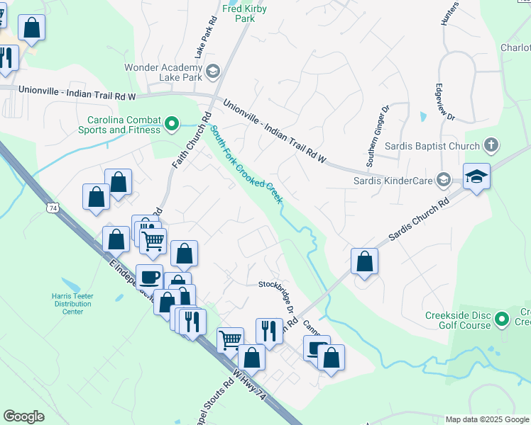 map of restaurants, bars, coffee shops, grocery stores, and more near 1734 Cottage Creek Road in Indian Trail