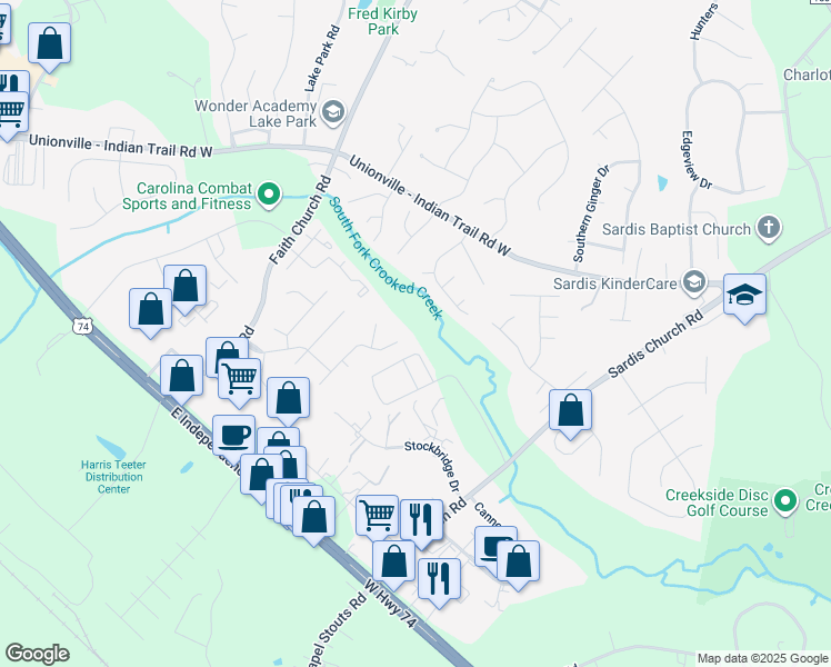 map of restaurants, bars, coffee shops, grocery stores, and more near 1734 Cottage Creek Rd in Indian Trail