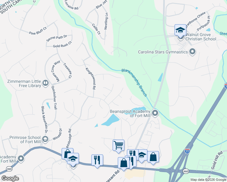 map of restaurants, bars, coffee shops, grocery stores, and more near 1128 Gower Street in Fort Mill