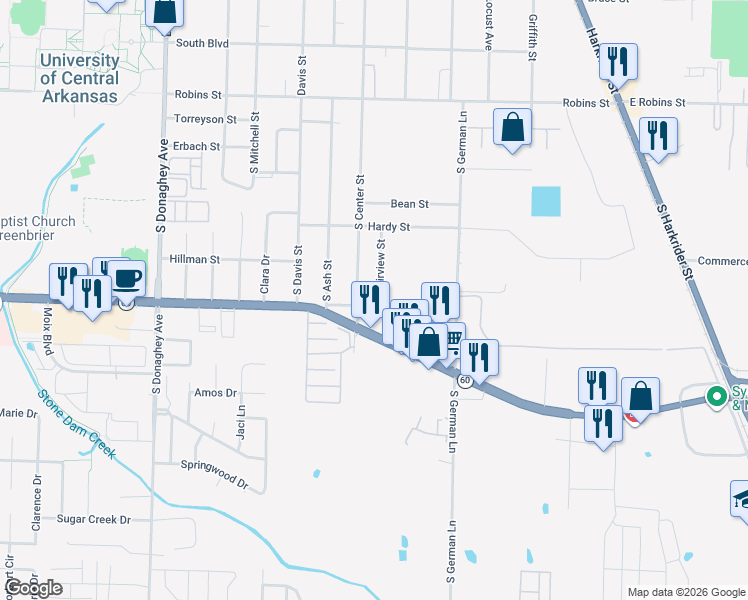 map of restaurants, bars, coffee shops, grocery stores, and more near 728 Fairview Street in Conway