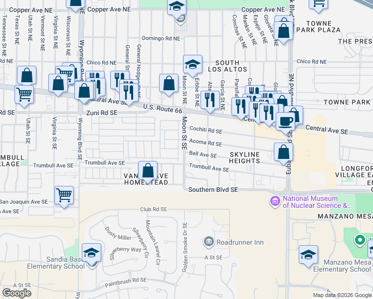 map of restaurants, bars, coffee shops, grocery stores, and more near 420 James Moore Street Southeast in Albuquerque
