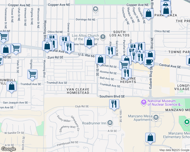 map of restaurants, bars, coffee shops, grocery stores, and more near 420 James Moore Street Southeast in Albuquerque