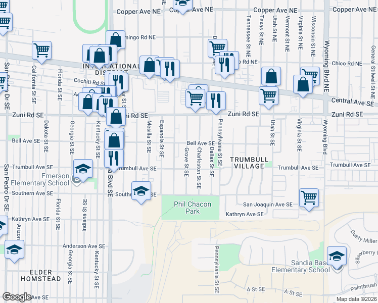 map of restaurants, bars, coffee shops, grocery stores, and more near 421 Charleston Street Southeast in Albuquerque