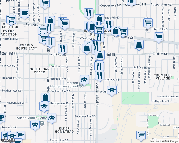 map of restaurants, bars, coffee shops, grocery stores, and more near 516 Indiana Street Southeast in Albuquerque