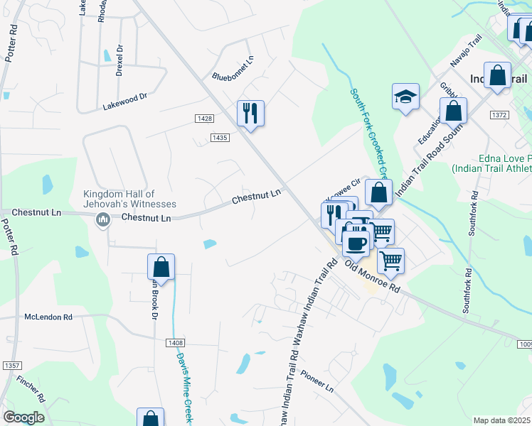map of restaurants, bars, coffee shops, grocery stores, and more near 135 Chestnut Lane in Indian Trail