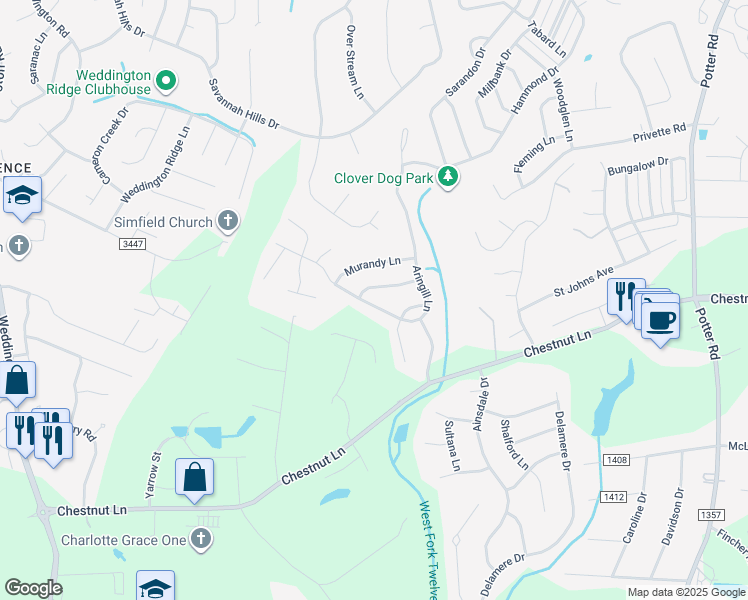 map of restaurants, bars, coffee shops, grocery stores, and more near 1623 Aringill Lane in Matthews