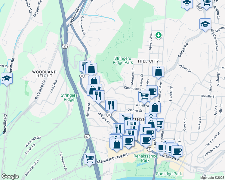 map of restaurants, bars, coffee shops, grocery stores, and more near 332 Pine Ridge Road in Chattanooga